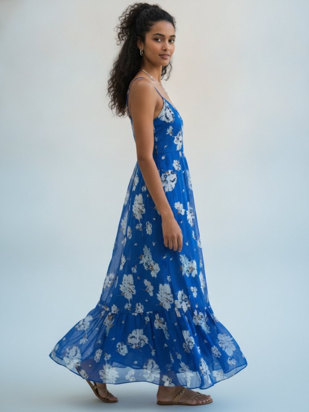 NWT Zara Trafaluc Vibrant Blue Floral Boho Tiered Maxi Dress